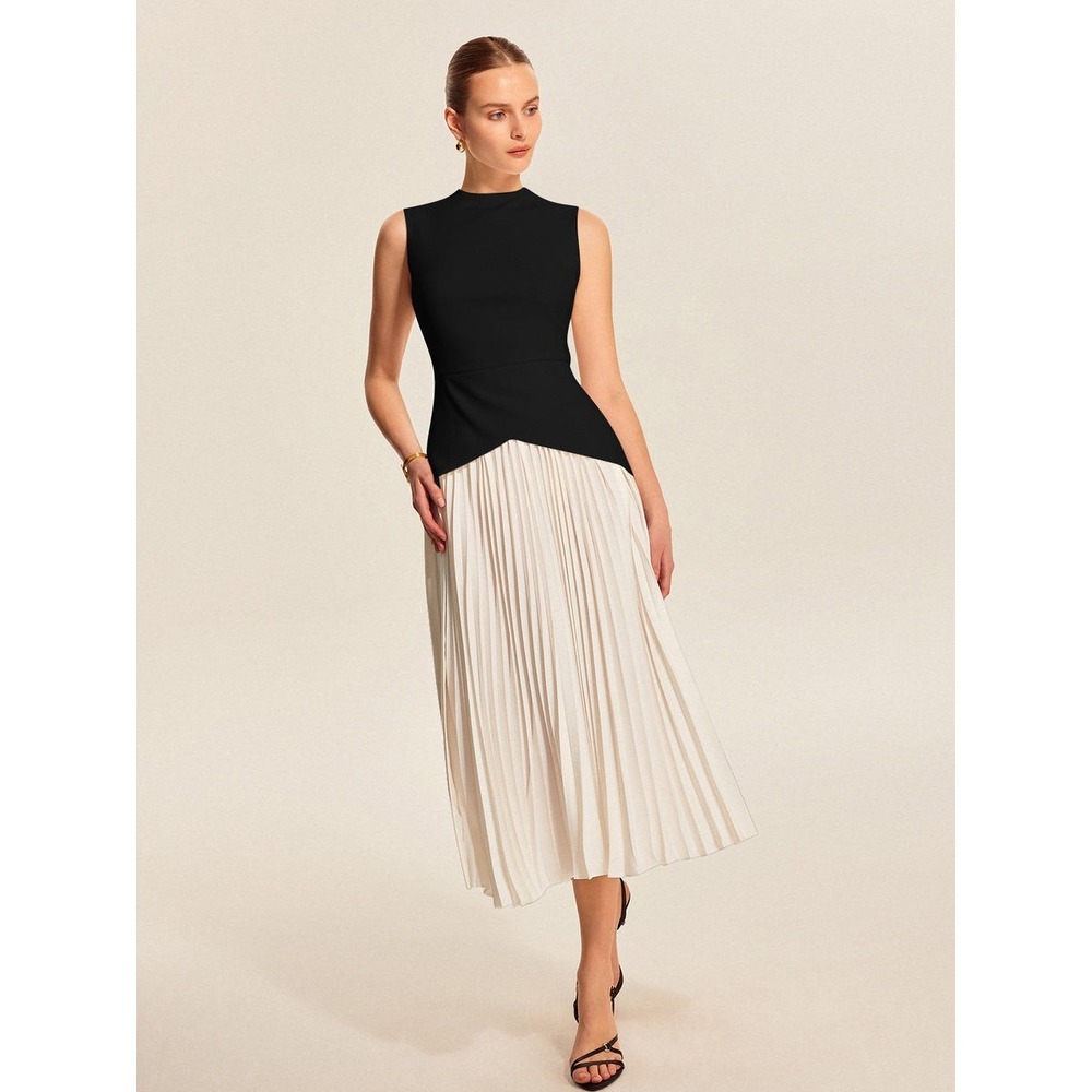 Commense Sleeveless Pleated Dress Mock Neck Party Cocktail Black White size XS